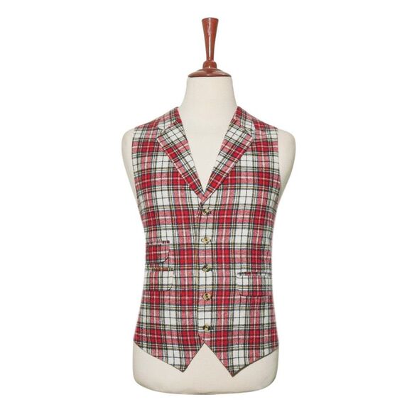 Mens 46R Wool Vest Red White Blue Tartan Plaid Waistcoat Christmas Party Formal - Picture 1 of 8